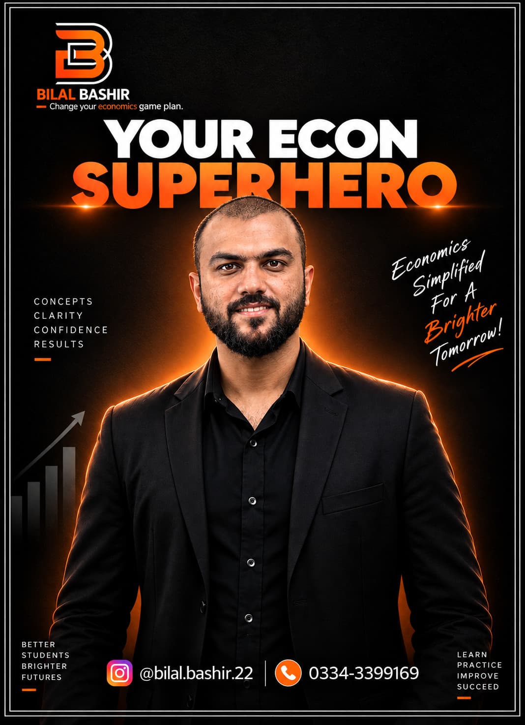 Poster: Bilal Bashir, your Econ superhero. Economics simplified for a brighter tomorrow. Concepts, clarity, confidence, results. Better students, brighter futures. Learn, practise, improve, succeed. Instagram @bilal.bashir.22, phone 0334 3399169.